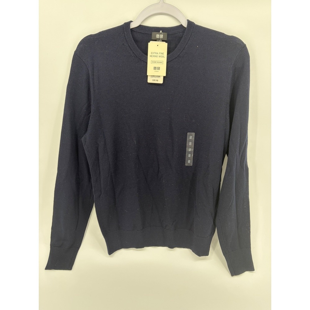Uniqlo Mens Sweater Navy‎ Blue Extra Fine Merino Wool Crew Neck S